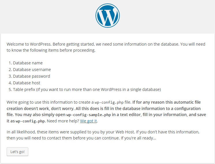Lets go page WordPress Installation