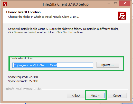 select the destination folder for filezilla