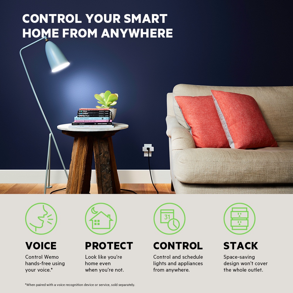 Wemo Mini Smart Plug; lifestyle image; info graphic,