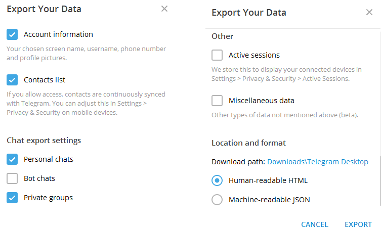 export your data all type