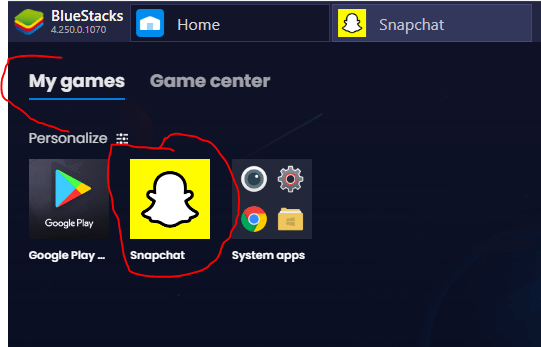snapchat on bluestack player after install search