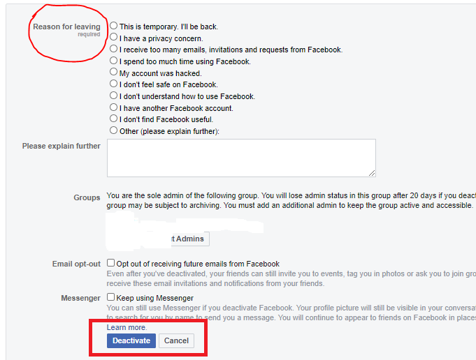 Select the Reason for Leaving Facebook Account