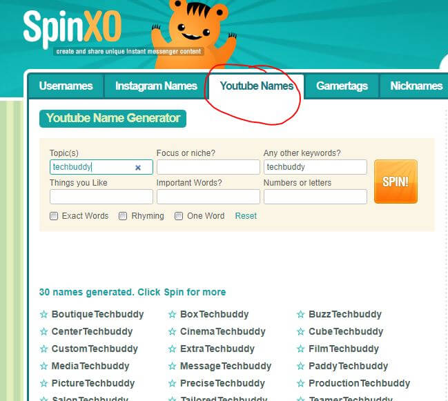 SpinXo - Generate YouTube Channel Name
