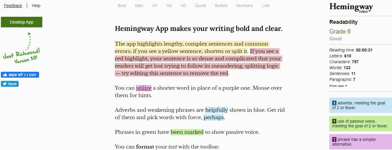 hemingwayapp-Best Free SEO Content Readability Checker Tools Online